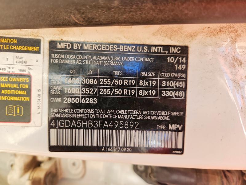 Продаж на аукціоні авто 2015 Mercedes-benz Ml, vin: 4JGDA5HB3FA495892, номер лоту: 57752256
