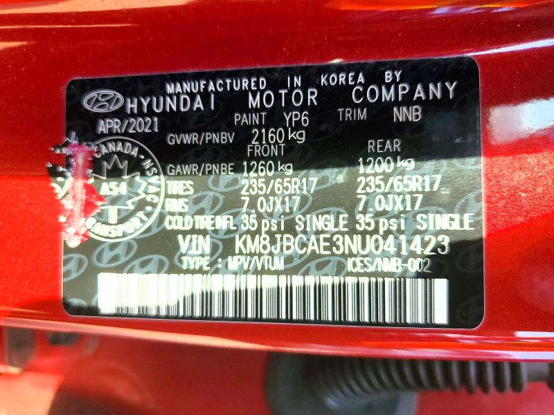 2022 Hyundai Tucson მანქანა იყიდება აუქციონზე, vin: KM8JBCAE3NU041423, აუქციონის ნომერი: 58228966