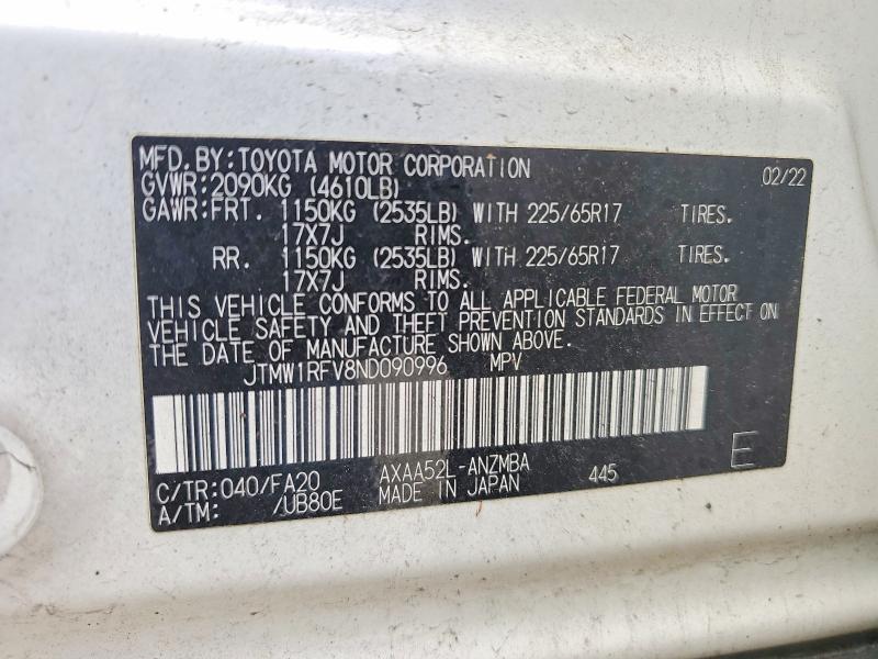 2022 Toyota Rav4 მანქანა იყიდება აუქციონზე, vin: JTMW1RFV8ND090996, აუქციონის ნომერი: 57242956