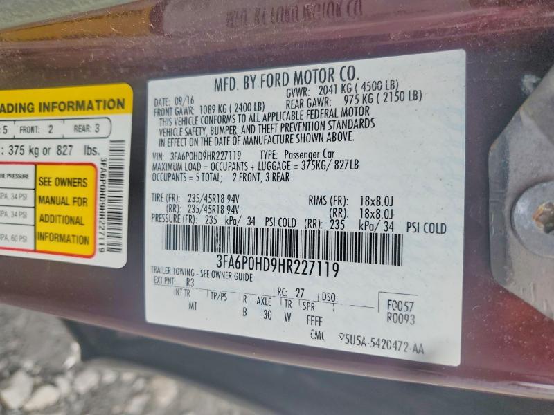 2017 Ford Fusion მანქანა იყიდება აუქციონზე, vin: 3FA6P0HD9HR227119, აუქციონის ნომერი: 57131386