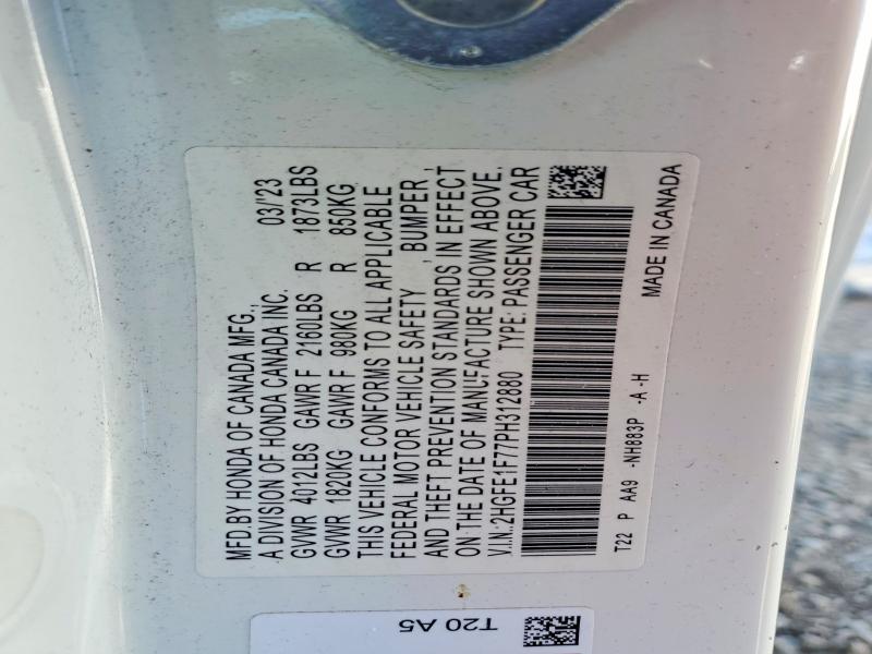 85615655 :رقم المزاد ، 2HGFE1F77PH312880 vin ، 2023 Honda Civic مزاد بيع