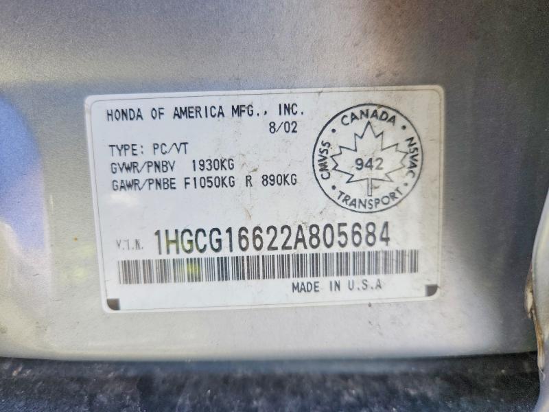 Aukcja sprzedaży 2002 Honda Accord, vin: 1HGCG16622A805684, numer aukcji: 56101226