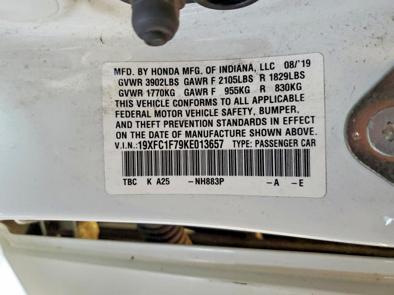 Продаж на аукціоні авто 2019 Honda Civic, vin: 19XFC1F79KE013657, номер лоту: 58654486