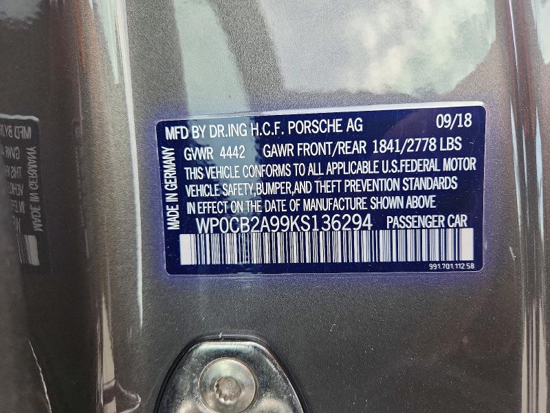 56650926 :رقم المزاد ، WP0CB2A99KS136294 vin ، 2019 Porsche 911 مزاد بيع