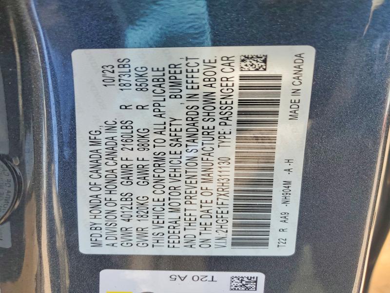 Продаж на аукціоні авто 2024 Honda Civic, vin: 2HGFE1F7XRH311130, номер лоту: 57271096
