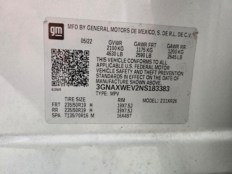 Продажа на аукционе авто 2022 Chevrolet Equinox, vin: 3GNAXWEV2NS183383, номер лота: 57138076