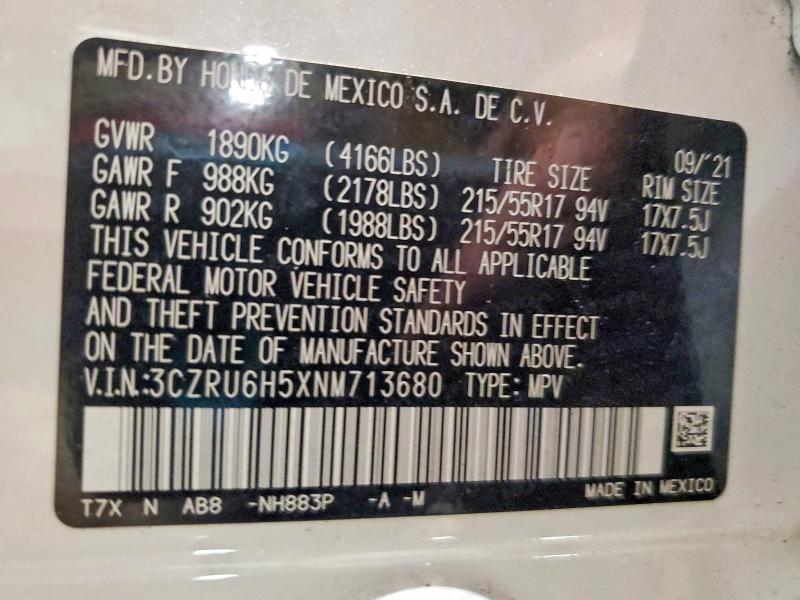 58487936 :رقم المزاد ، 3CZRU6H5XNM713680 vin ، 2022 Honda Hr-v مزاد بيع