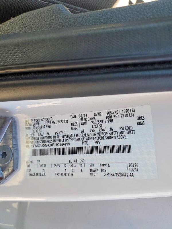 2014 Ford Escape მანქანა იყიდება აუქციონზე, vin: 1FMCU0GX9EUC69419, აუქციონის ნომერი: 56817896