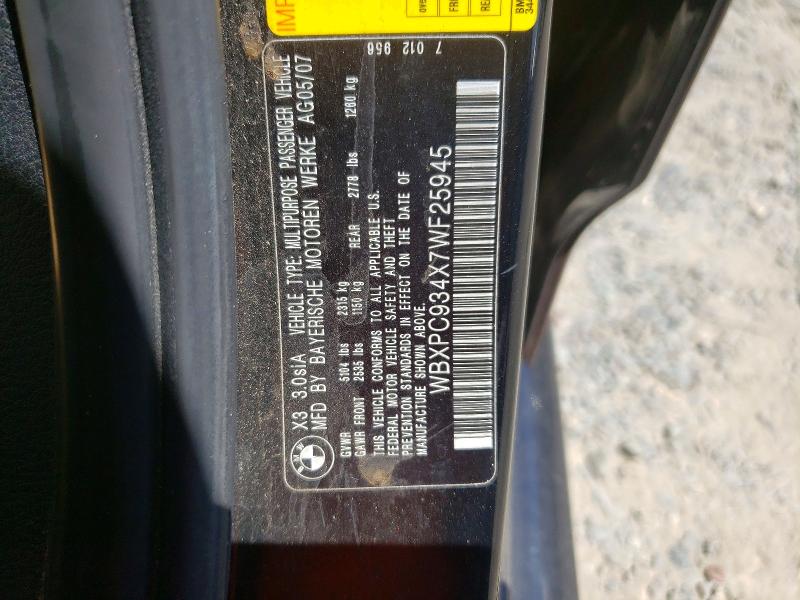 Aukcja sprzedaży 2007 Bmw X3, vin: WBXPC934X7WF25945, numer aukcji: 55476406