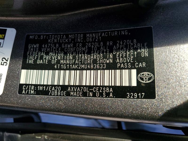 Aukcja sprzedaży 2021 Toyota Camry, vin: 4T1G11AK2MU483633, numer aukcji: 54701246