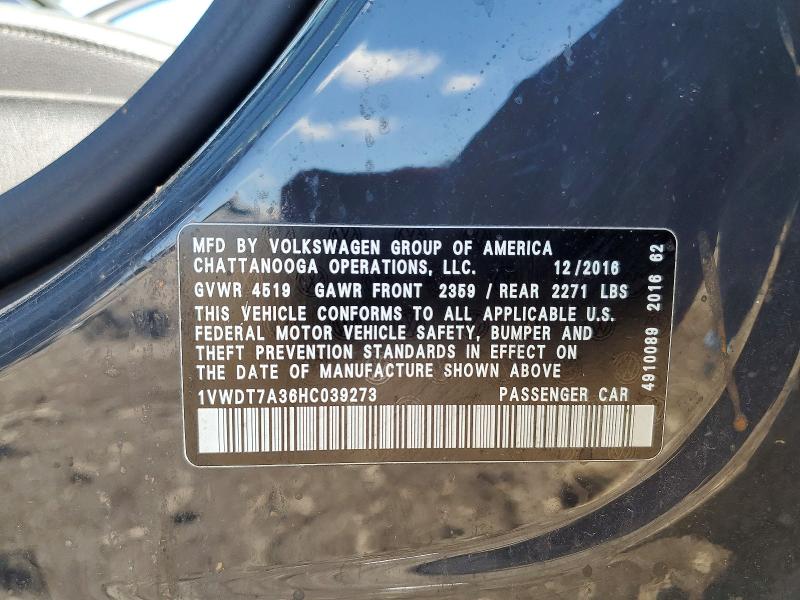 Aukcja sprzedaży 2017 Volkswagen Passat, vin: 1VWDT7A36HC039273, numer aukcji: 57646266