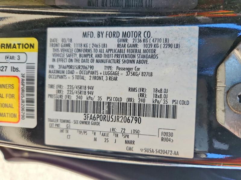 2018 Ford Fusion მანქანა იყიდება აუქციონზე, vin: 3FA6P0RU5JR206790, აუქციონის ნომერი: 57006546