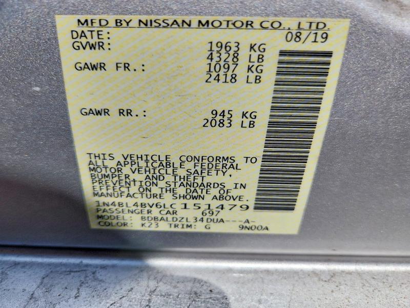 58607746 :رقم المزاد ، 1N4BL4BV6LC151479 vin ، 2020 Nissan Altima مزاد بيع
