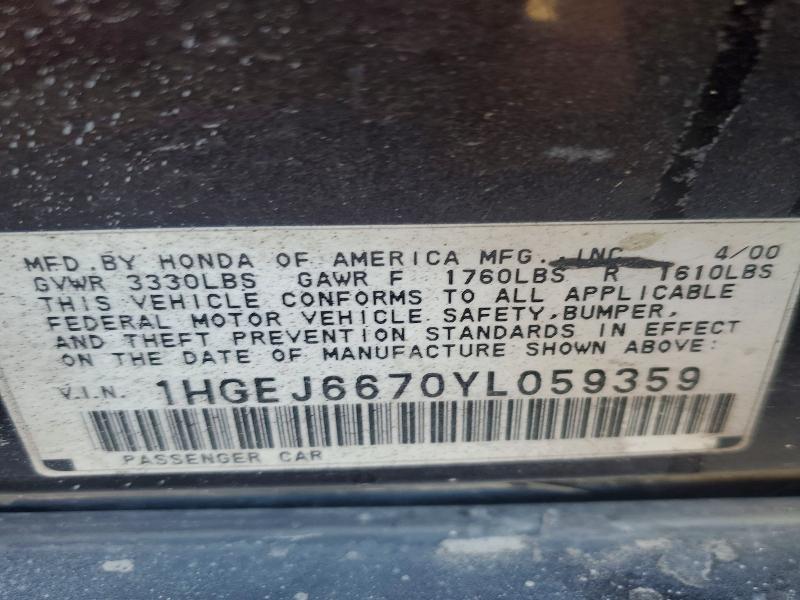 47661666 :رقم المزاد ، 1HGEJ6670YL059359 vin ، 2000 Honda Civic مزاد بيع