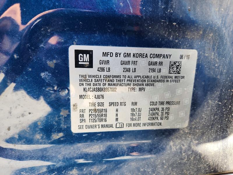 2019 Buick Encore მანქანა იყიდება აუქციონზე, vin: KL4CJASB0KB957082, აუქციონის ნომერი: 55989006