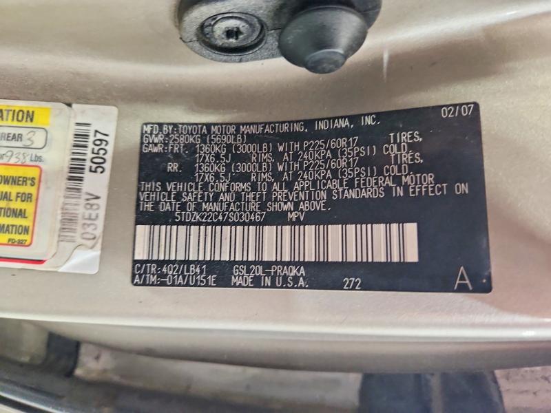 58573226 :رقم المزاد ، 5TDZK22C47S030467 vin ، 2007 Toyota Sienna مزاد بيع