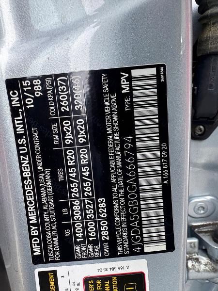 59698106 :رقم المزاد ، 4JGDA5GB0GA666794 vin ، 2016 Mercedes-benz Gle مزاد بيع