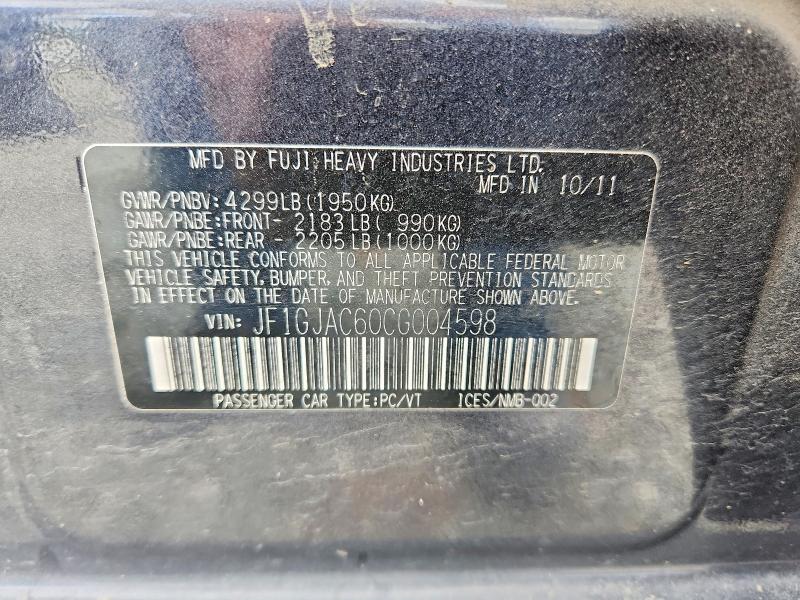 56995536 :رقم المزاد ، JF1GJAC60CG004598 vin ، 2012 Subaru Impreza مزاد بيع