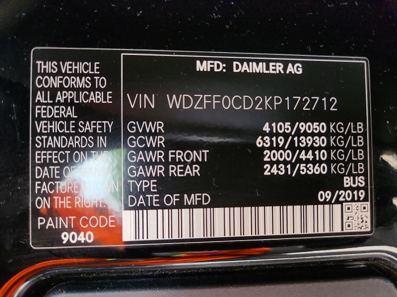 55421356 :رقم المزاد ، WDZFF0CD2KP172712 vin ، 2019 Mercedes-benz Sprinter مزاد بيع