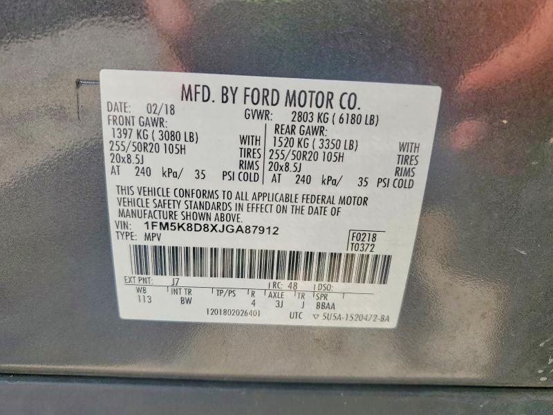 2018 Ford Explorer მანქანა იყიდება აუქციონზე, vin: 1FM5K8D8XJGA87912, აუქციონის ნომერი: 56517156
