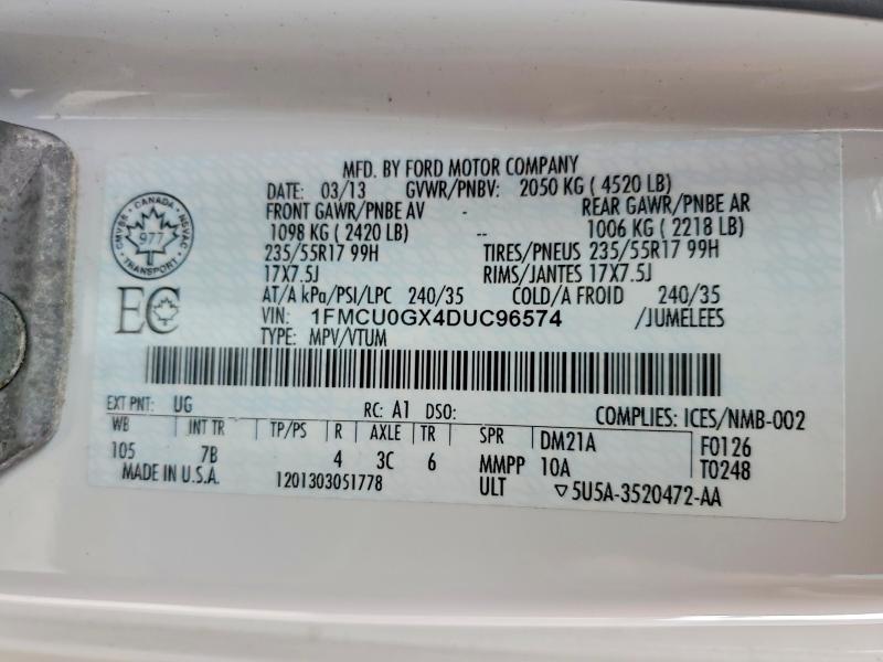 57299516 :رقم المزاد ، 1FMCU0GX4DUC96574 vin ، 2013 Ford Escape مزاد بيع