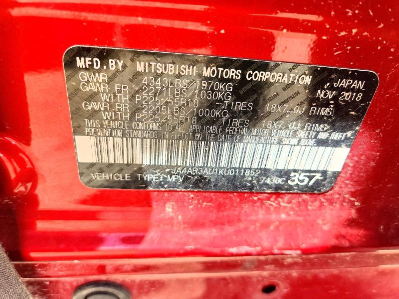 2019 Mitsubishi Outlander Sport მანქანა იყიდება აუქციონზე, vin: JA4AR3AU1KU011852, აუქციონის ნომერი: 56823316