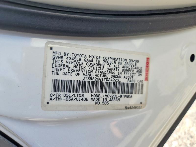 2000 Lexus Es მანქანა იყიდება აუქციონზე, vin: JT8BF28G1Y0242231, აუქციონის ნომერი: 55768726