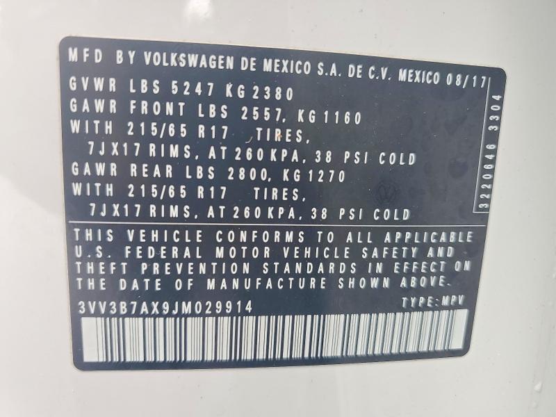 Aukcja sprzedaży 2018 Volkswagen Tiguan, vin: 3VV3B7AX9JM029914, numer aukcji: 58583896