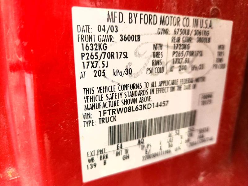 Auction sale of the 2003 Ford F150, vin: 1FTRW08L63KD14457, lot number: 57214736