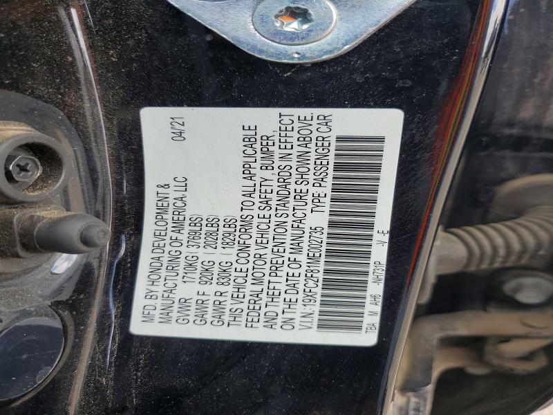 2021 Honda Civic მანქანა იყიდება აუქციონზე, vin: 19XFC2F81ME002735, აუქციონის ნომერი: 56594586