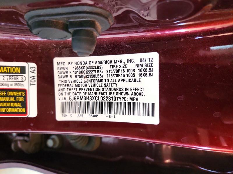 55801296 :رقم المزاد ، 5J6RM3H3XCL022810 vin ، 2012 Honda Cr-v مزاد بيع