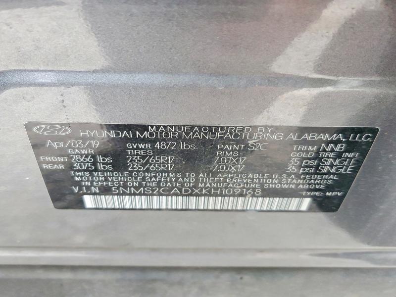 Auction sale of the 2019 Hyundai Santa Fe, vin: 5NMS2CADXKH109168, lot number: 56518776