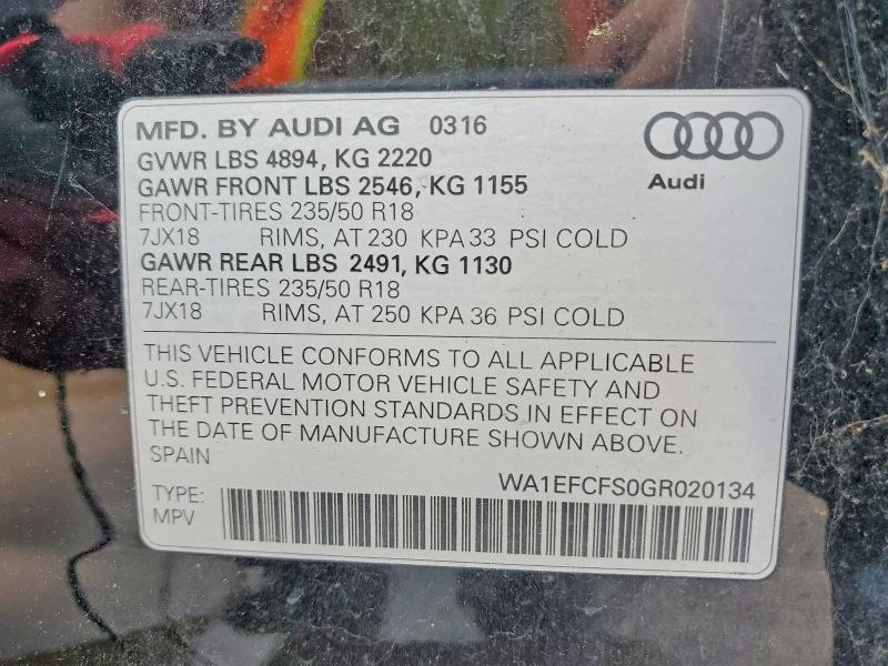 Aukcja sprzedaży 2016 Audi Q3, vin: WA1EFCFS0GR020134, numer aukcji: 59247456