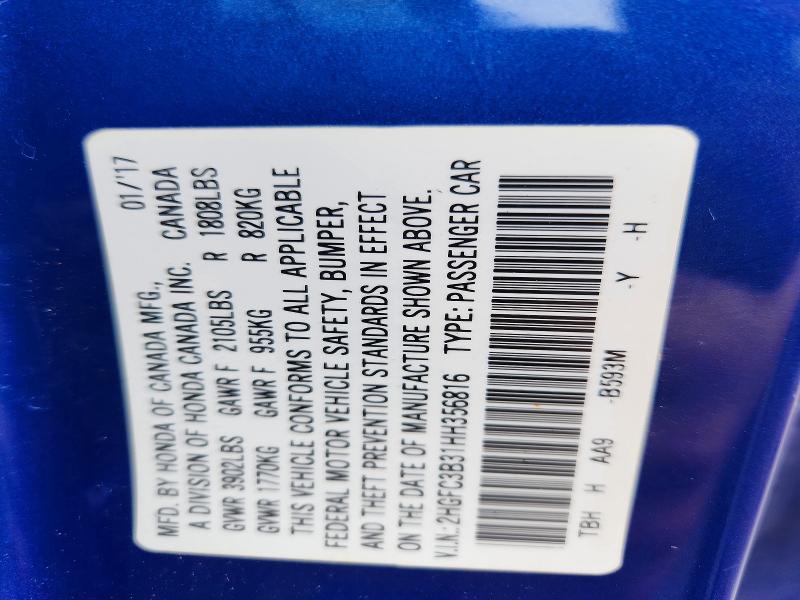 2017 Honda Civic მანქანა იყიდება აუქციონზე, vin: 2HGFC3B31HH356816, აუქციონის ნომერი: 58620406