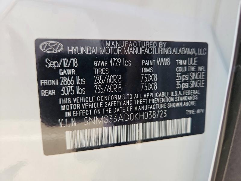 56091196 :رقم المزاد ، 5NMS33AD0KH038723 vin ، 2019 Hyundai Santa Fe مزاد بيع