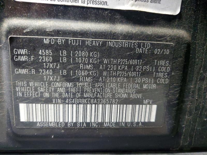 57725656 :رقم المزاد ، 4S4BRBKC8A3365782 vin ، 2010 Subaru Outback مزاد بيع
