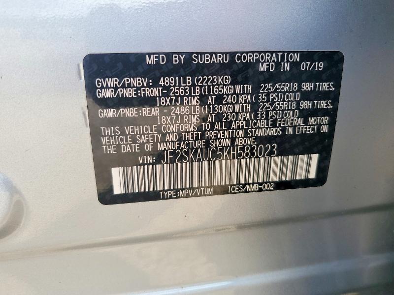58259486 :رقم المزاد ، JF2SKAUC5KH583023 vin ، 2019 Subaru Forester مزاد بيع