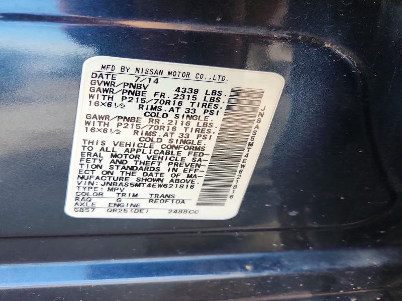 57684686 :رقم المزاد ، JN8AS5MT4EW621816 vin ، 2014 Nissan Rogue Select مزاد بيع