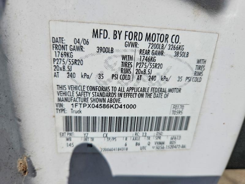 2006 Ford F150 მანქანა იყიდება აუქციონზე, vin: 1FTPX04586KD41000, აუქციონის ნომერი: 58232216