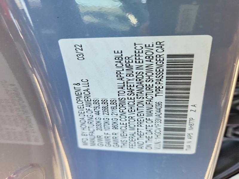 Aukcja sprzedaży 2022 Honda Accord, vin: 1HGCV1F33NA044096, numer aukcji: 57644676