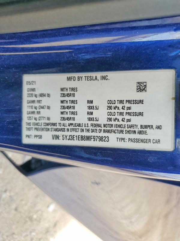 Продажа на аукционе авто 2021 Tesla Model 3, vin: 5YJ3E1EB8MF979823, номер лота: 58150346