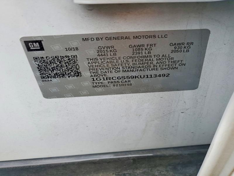 Auction sale of the 2019 Chevrolet Volt, vin: 1G1RC6S59KU113492, lot number: 57087786