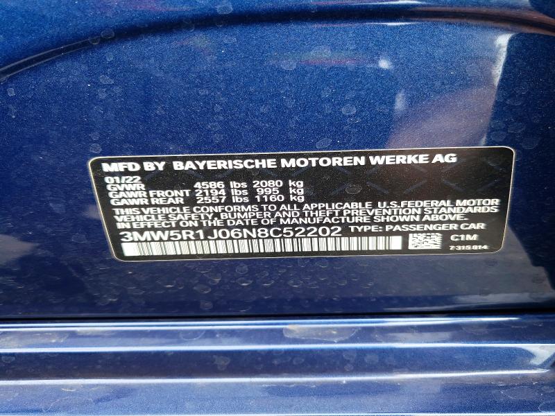 Продаж на аукціоні авто 2022 Bmw 330i, vin: 3MW5R1J06N8C52202, номер лоту: 55797096