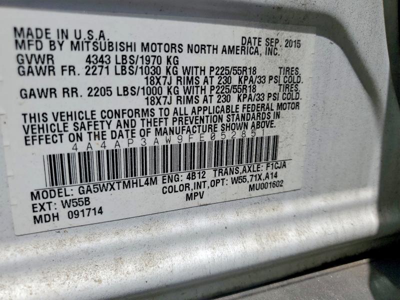 2015 Mitsubishi Outlander Sport მანქანა იყიდება აუქციონზე, vin: 4A4AP3AW9FE052851, აუქციონის ნომერი: 57111356