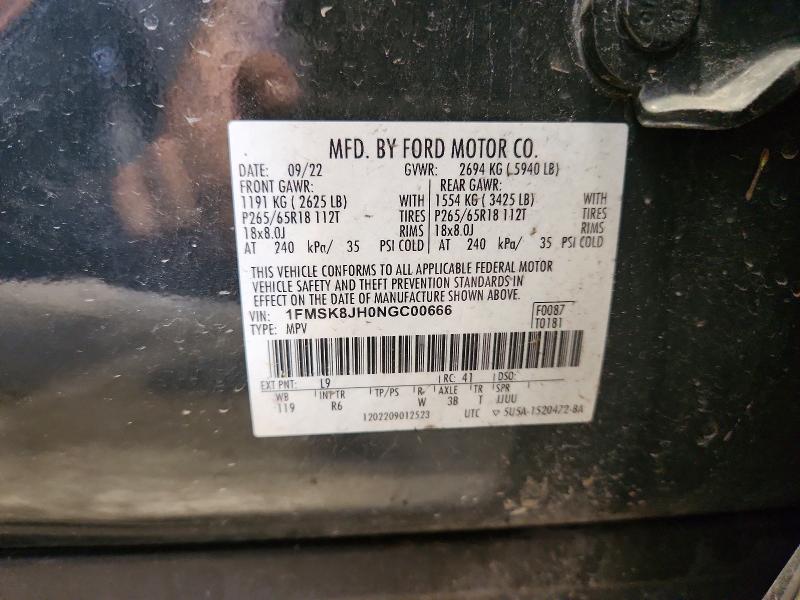 2022 Ford Explorer მანქანა იყიდება აუქციონზე, vin: 1FMSK8JH0NGC00666, აუქციონის ნომერი: 57315776
