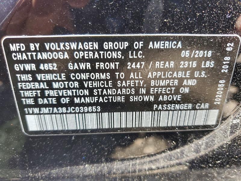 Продажа на аукционе авто 2018 Volkswagen Passat, vin: 1VWJM7A38JC039653, номер лота: 56745366