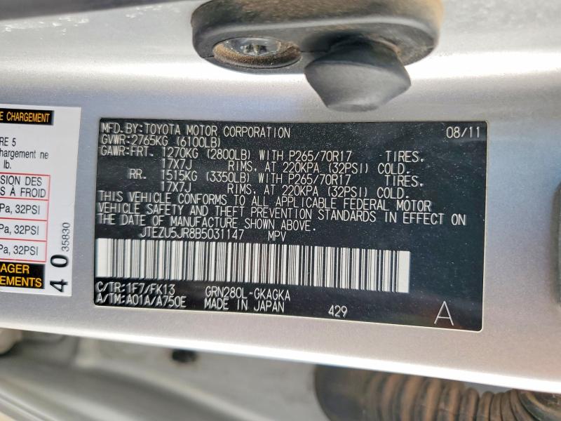 Aukcja sprzedaży 2011 Toyota 4runner, vin: JTEZU5JR8B5031147, numer aukcji: 58759876