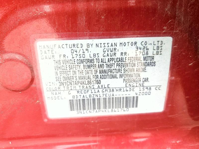 56803436 :رقم المزاد ، 3N1CN7AP4KL861760 vin ، 2019 Nissan Versa مزاد بيع