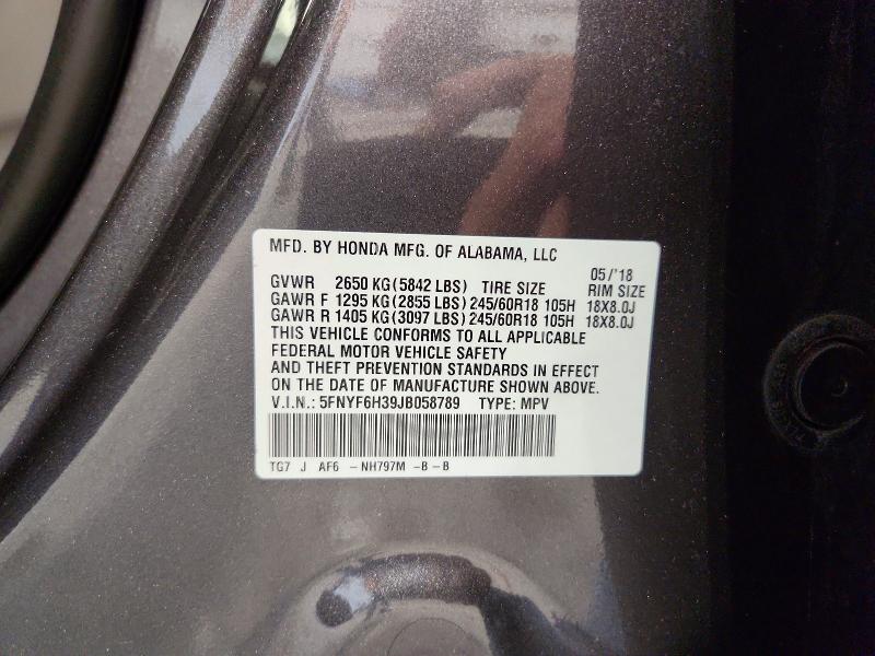 Продажа на аукционе авто 2018 Honda Pilot, vin: 5FNYF6H39JB058789, номер лота: 55909846