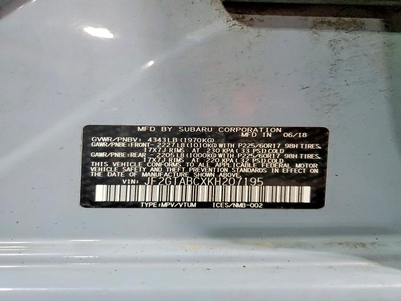 56943216 :رقم المزاد ، JF2GTABCXKH207195 vin ، 2019 Subaru Crosstrek مزاد بيع